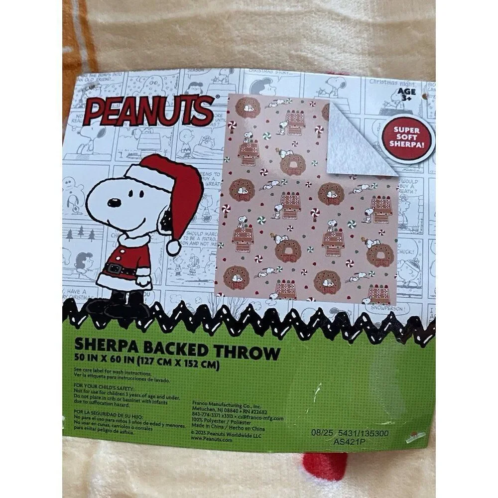 Peanuts Snoopy Sherpa‎ Backed Throw Blanket Gingerbread House Christmas 50X60”